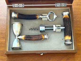 Antique Deer Antler And Sterling Silver Handled Bar Set