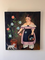 Original Oil Painting On Wood Of Little Girl In Lavender With Cat Signed Robert Neff Longacre