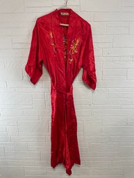 Vintage Red Silk Robe With Embroidered Dragons