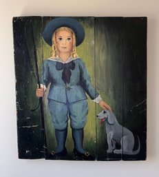 Original Oil Painting On Wood Of Little Boy In Blue With Dog Signed Robert Neff Longacre