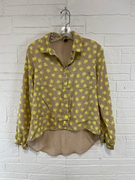 Hello Kitty Long Sleeve Button Up Blouse Top Tan & Green Size S