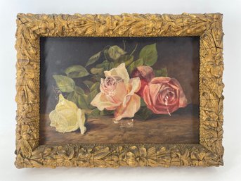 Oil On Canvas Floral Still Life Painting In Ornate Frame