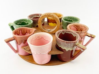 Vintage Mid Century Drip Glaze Pottery Coffee Mugs And Creamer Sugar Caddy Set