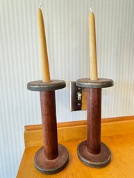 Pair Of Vintage Spool Candle Holders