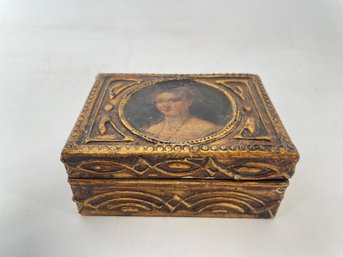 Italian Florentine Gilded Wood Trinket Box With A Decoupage Print Of A Lady On The Lid