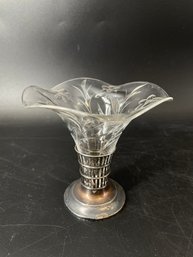Antique Sterling Silver And Etched Glass Trumpet Vase