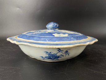 Canton Blue And White Porcelain Covered Vegetable Dish