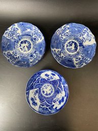 3 Japanese Blue & White Porcelain Plates