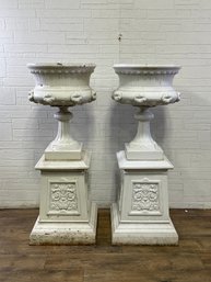 Pair Of Large Cast Aluminum White Painted Urns On Pedestals (B)