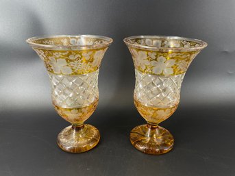 Pair Of Vintage Bohemian Amber Cut-to-clear Crystal Vases