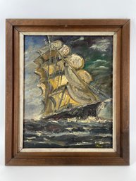 Vintage Oil Painting On Canvas Depicting A Clipper Ship At Sea, Signed 'Zalal'