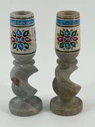 Pair Of Vintage Hand-carved Stone Candlesticks