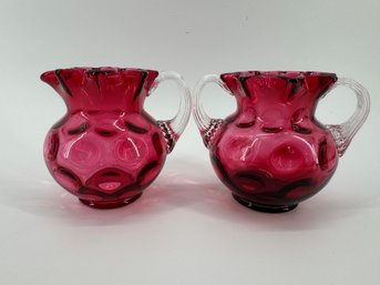 Vintage Fenton Art Glass Cranberry Coin Dot Pattern Sugar And Creamer
