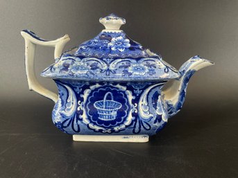 Antique Staffordshire Teapot Blue & White Basket Pattern
