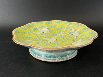 Antique Chinese Famille Rose Footed Dish W/ Crane Detail