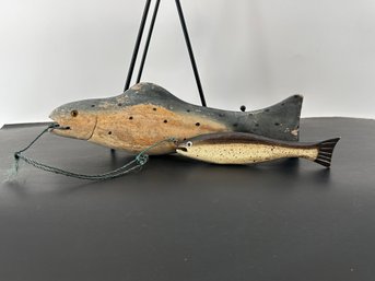 Pair Of Hand Carved Fish With Glass Eyes