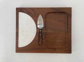 Vintage Wooden Cheese Board Set With A Ceramic Tile Inlay And A Matching Cheese Knife