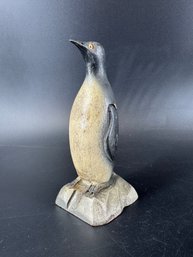 Hand Painted Carved Penguin Statue W/ Glass Eyes