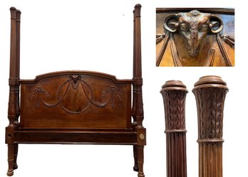 Antique Carved Wooden Four Poster Bed Heavily Carved With Wooden Ram's Head