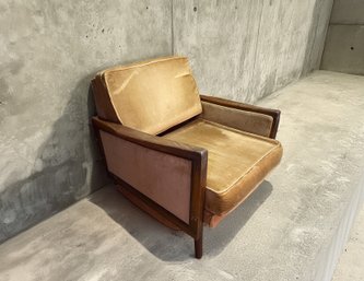Vintage Mid Century Upholstered Arm Chair With Walnut Frame