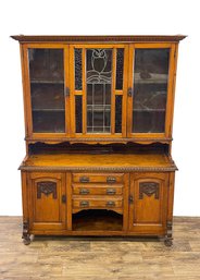 Arts & Crafts Oak Hutch W/ Owl Leaded Glass Window