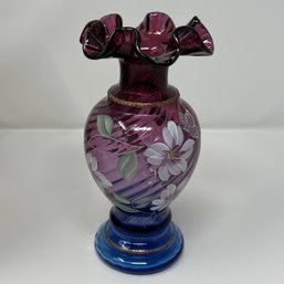 1996 Fenton Ruffle Top Mulberry Painted Vase 50th Anniversary Edition