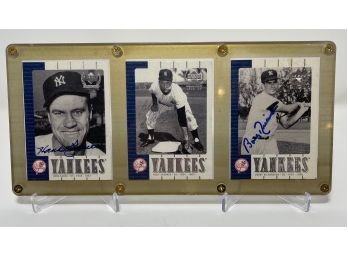 Hank Bauer, Billy Gardner And Bobby Richardson Signed Yankees Baseball Cards In Display