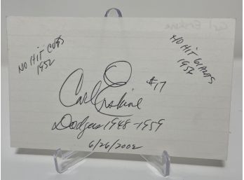 Carl Erskine Signed And Inscribed Note Card