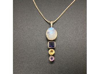 Moonstone And Multi Stone Pendent On Chain Sterling Silver
