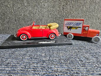 J82 - Volkswagen Bug Convertible Diecast And Tin Delivery Truck - 8 To 9' - LOCAL PICKUP ONLY