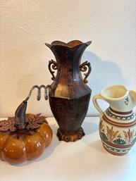 H10 Lot Of 3 Decorative Pots Metal 13x6', Pottery 8x5', Pumpkin 8'