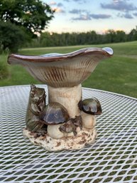 Vintage Ceramic Whimsical Mushroom & Frog Birdbath Figurine Planter Fairy Garden Decor