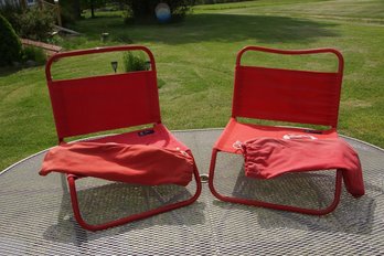 Pair Of Red Folding Travel Chairs  Lightweight Outdoor Seating With Carry Bags.