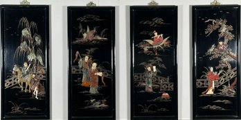 (4pcs) Chinese Black Lacquer & Inlaid Stone Wall Panels