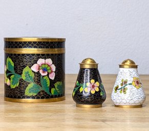 Vintage Floral Cloisonne Trinket Jar & Salt And Pepper Set