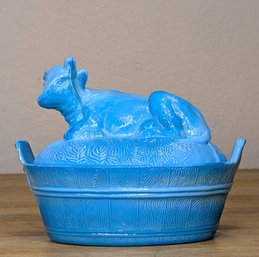 Blue Cow On Tub Milk Glass Butter Dish