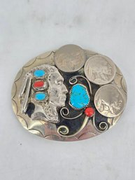 Vintage Native American-style Belt Buckle - Turquoise / Coral Stones Alongside Embedded Buffalo Nickel Coins