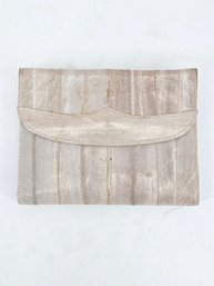 Grey, Textured Wallet Or Small Clutch Made Of A Specialty Leather, Such As Eel Skin, Featuring A Central Snap