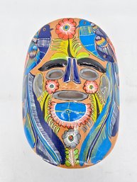 Decorative Mexican Folk Art Mask, Made Of Clay Or Terracotta, Featuring Hand-painted Floral And Bird Designs