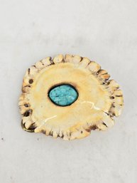 Decorative Belt Buckle Made From What Appears To Be Antler Material Inlaid With A Turquoise Stone, Brass