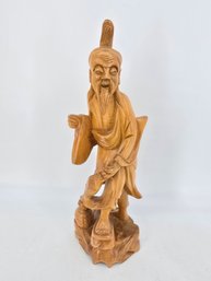 Vintage Hand-carved Wooden Figurine Depicting An Elderly Chinese Fisherman