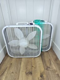 Two Lasko 20-inch White Box Fans Designed For Indoor Air Circulation