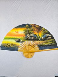 Hand-painted Folding Wall Fan - Thai Village Painting