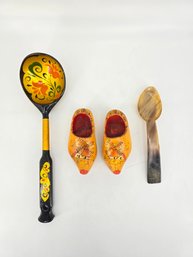 Lot Of Vintage Folk Art Items - Russian Khokhloma, Dutch Clogs, And Horn Spoon