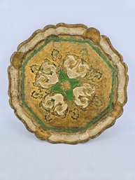 Vintage - Italian Florentine Hand-painted Wood Serving Tray - Gold Gilt / Green Detailing