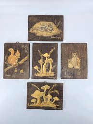 Set Of Five - Mid Century / Vintage Wood Wall Paintings - Signed - Joann Cugley