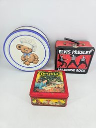 Lot Of Three - Collectible Tins / Lunchbox - Bear / Elvis  Crayola