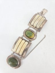 Vintage - Mexican - Sterling .925 Silver - Link Bracelet - Jade
