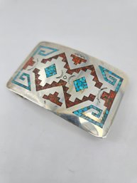 Vintage - Navajo - Native American - Sterling .925 Silver - Belt Buckle - Turquoise And Coral