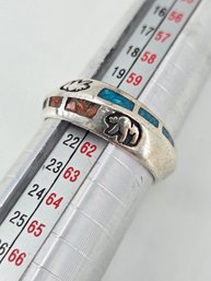 Vintage Native American - Navajo Style - Sterling .925 Silver - Ring - Turquoise / Coral - Size 9.25
